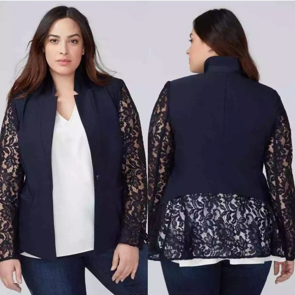 Lane Bryant Blue Lace Sleeve Peplum The Bryant Blazer Jacket Plus Size 18 NWOT